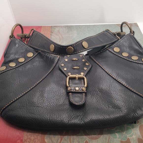 J.F. Fine Leather Shoulder Bag Brown Studded Y2K Flap Snap Outside Zip 6x11 inch - Picture 11 of 11